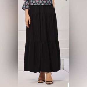 Tamara H. Bohemian Three Tier Maxi Flowy Skirt - Black - Small